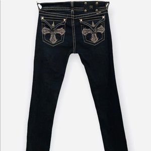 Womens black skinny Miss Me jeans heavily embellished and stitched
